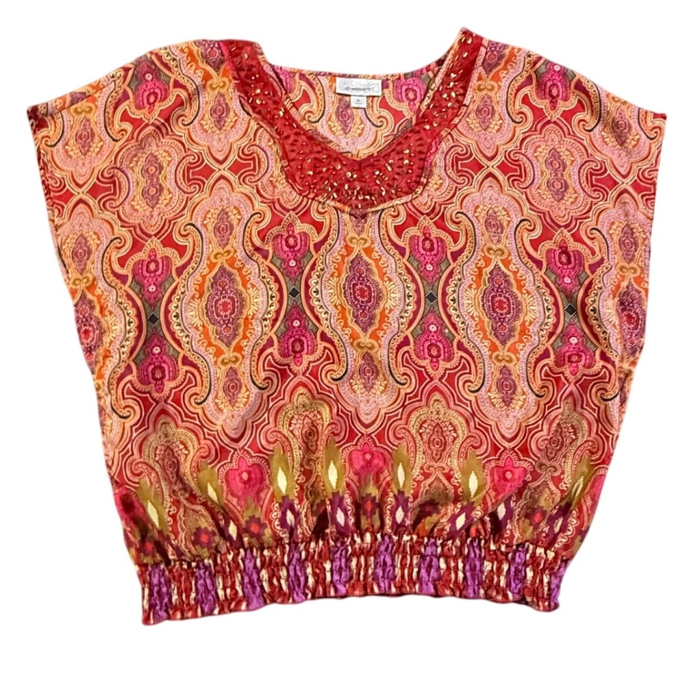 Dressbarn XL Blouse Top Red Orange Paisley‎ Beaded Neckline Elastic Hem Boho